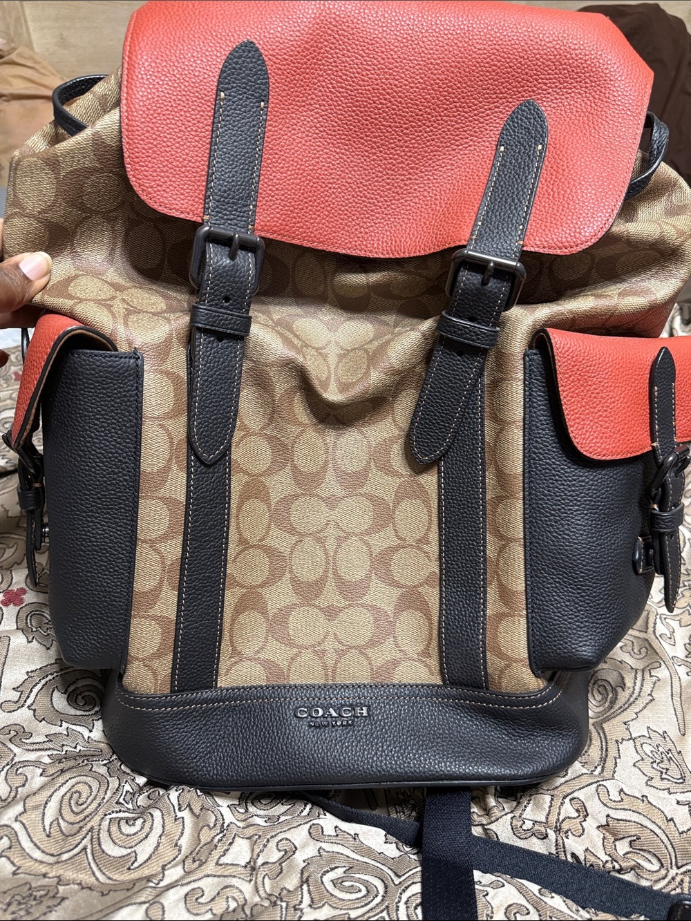 Coach Men’s Tan Signature Canvas Backpack with Red and Black Accents